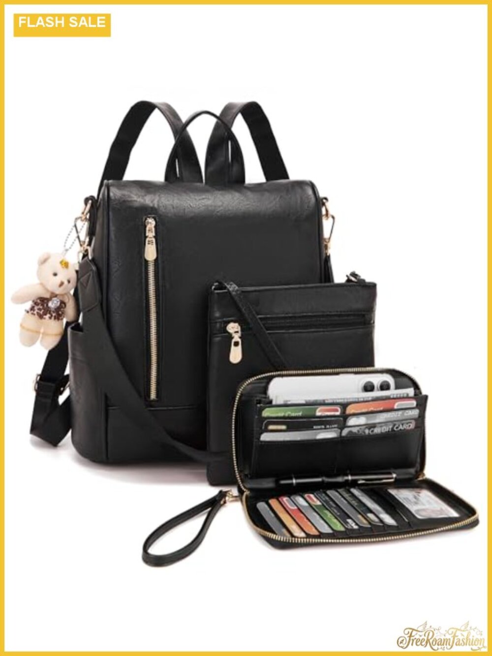 Women's Vegan Leather Anti-Theft Backpack Purse Set 3pc with Bear Charm